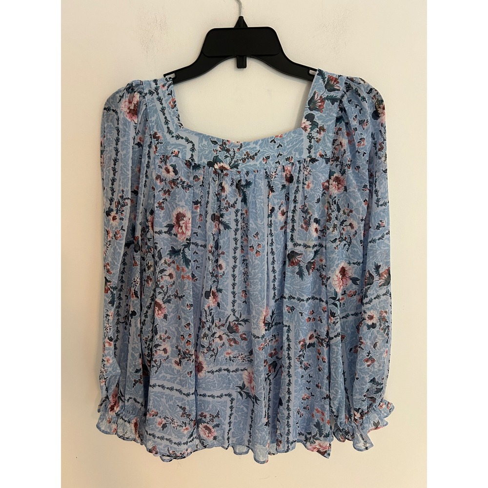 LC Romantic Blue Floral Square Neck Blouse Long Sleeve Ruffle Cuff Top Medium - Picture 10 of 10